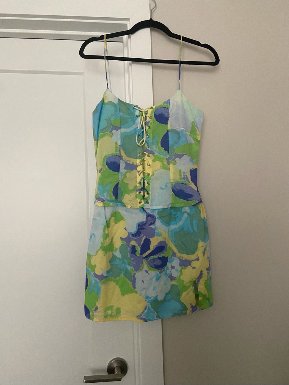 Sabo Skirt: Floral Lace-Up Mini Dress in Blue, Green & Yellow